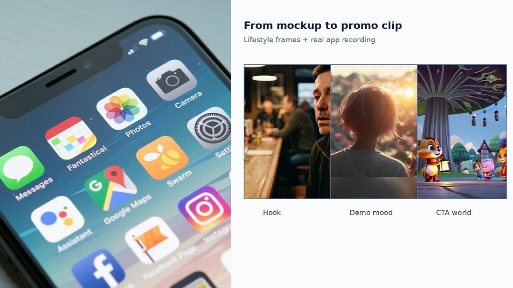 Phone mockup of a no-code app next to AI-generated promo video frames